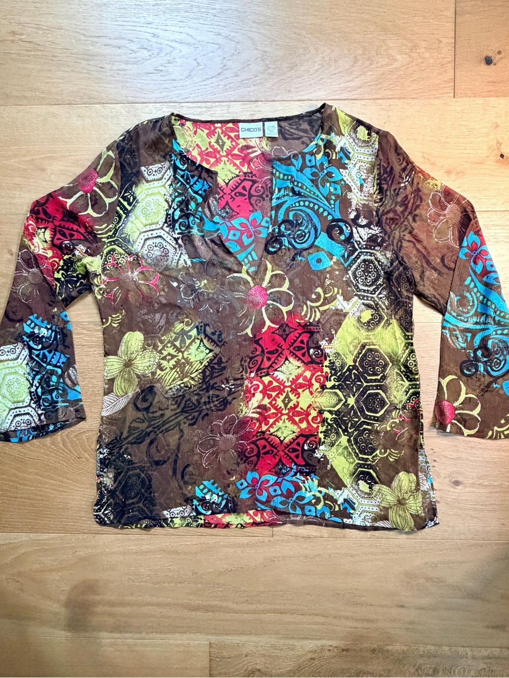 VTG Y2K Chico's Silk Sheer Patchwork Paisley Split Neck Blouse Top Sz 2/Large